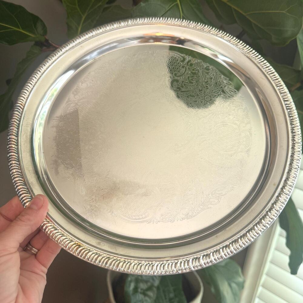 Vintage Silver Etched Silver Round Tray 12"- Ornate Scrolled Bar Cart Decor